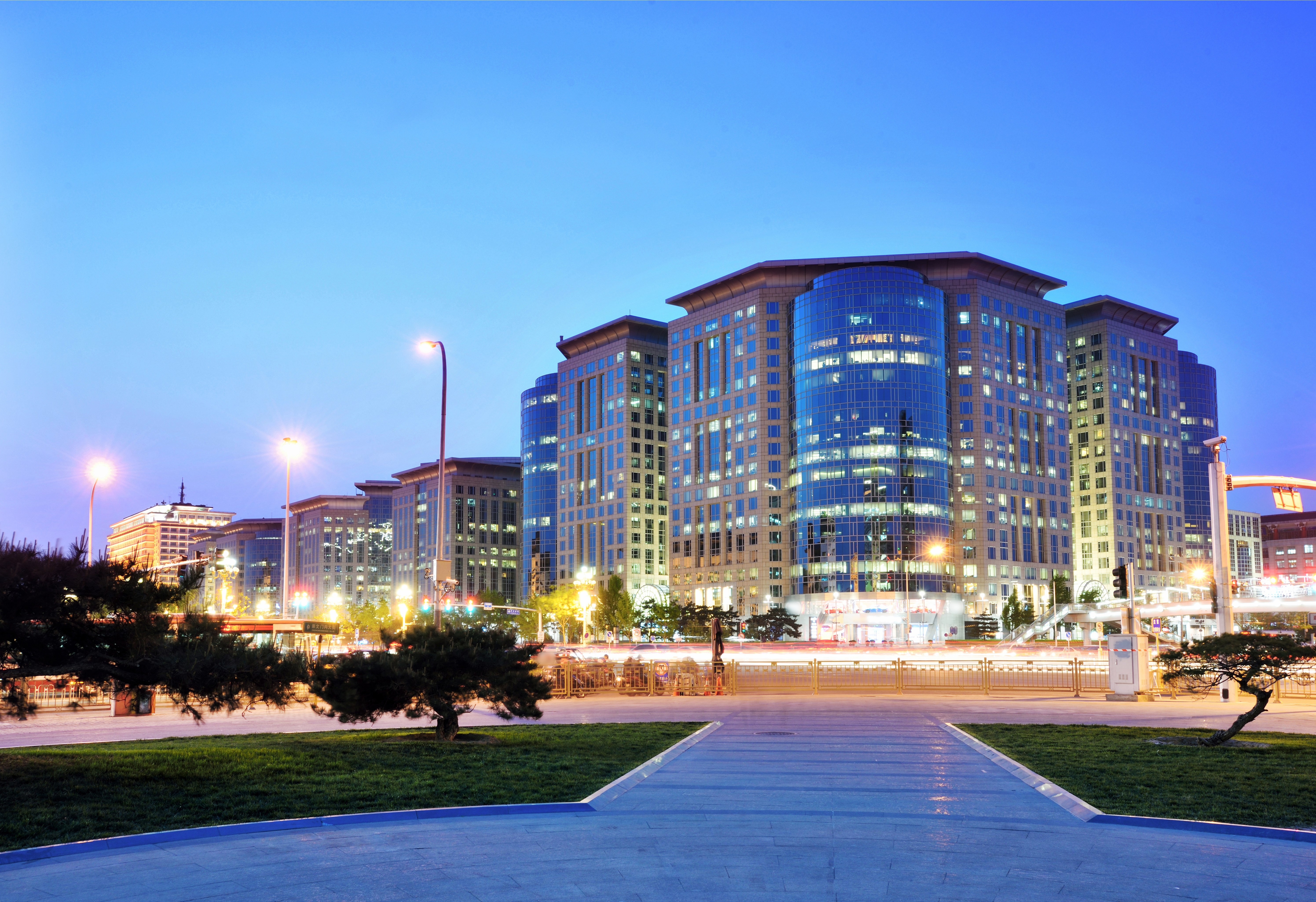 Beijing Oriental Plaza buildings at night, transport and ordinary urban life of the city.