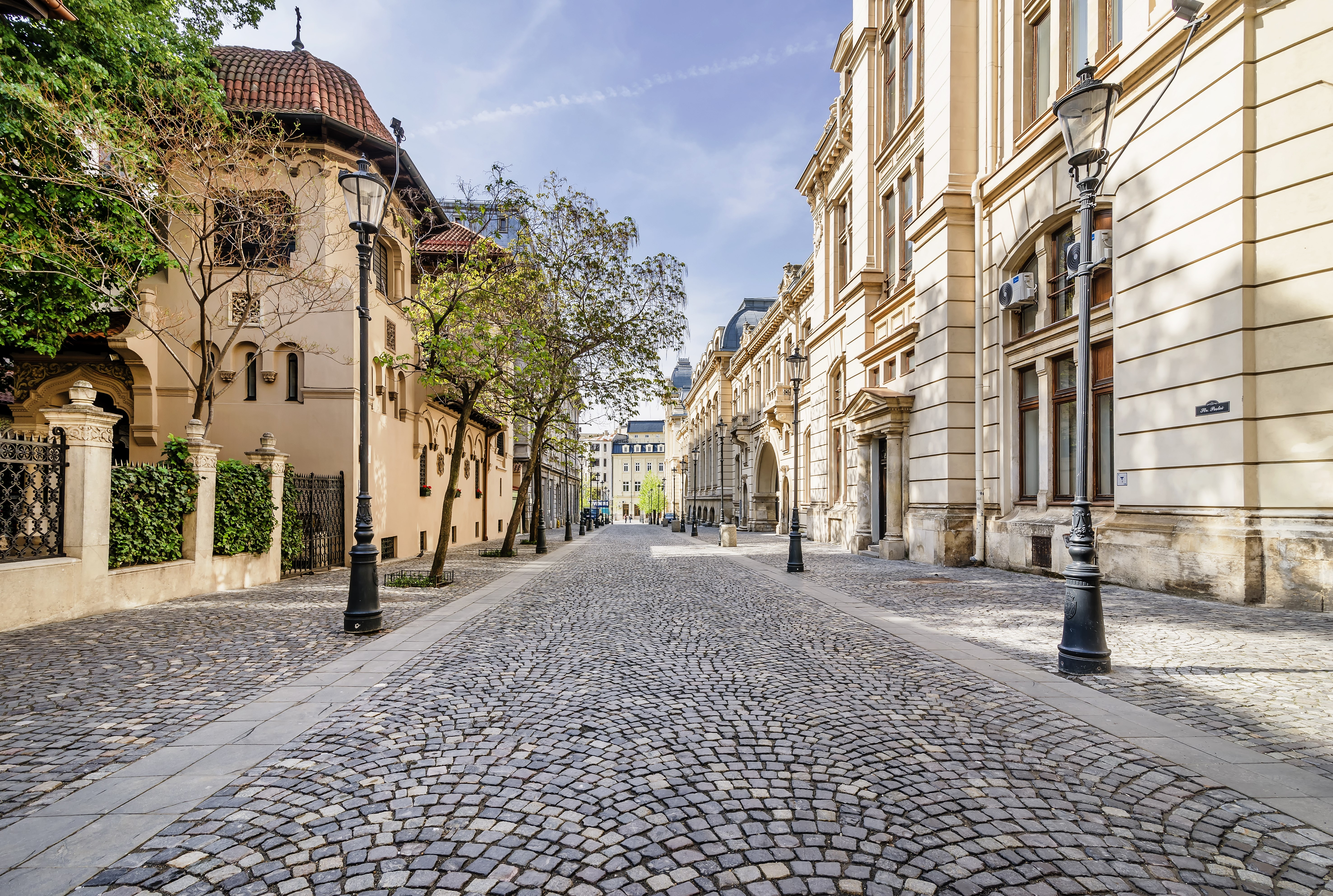 The beautiful Strada Postei street in the Lipscani district, in a moment of tranquility without people, historical center of Bucharest, Romania