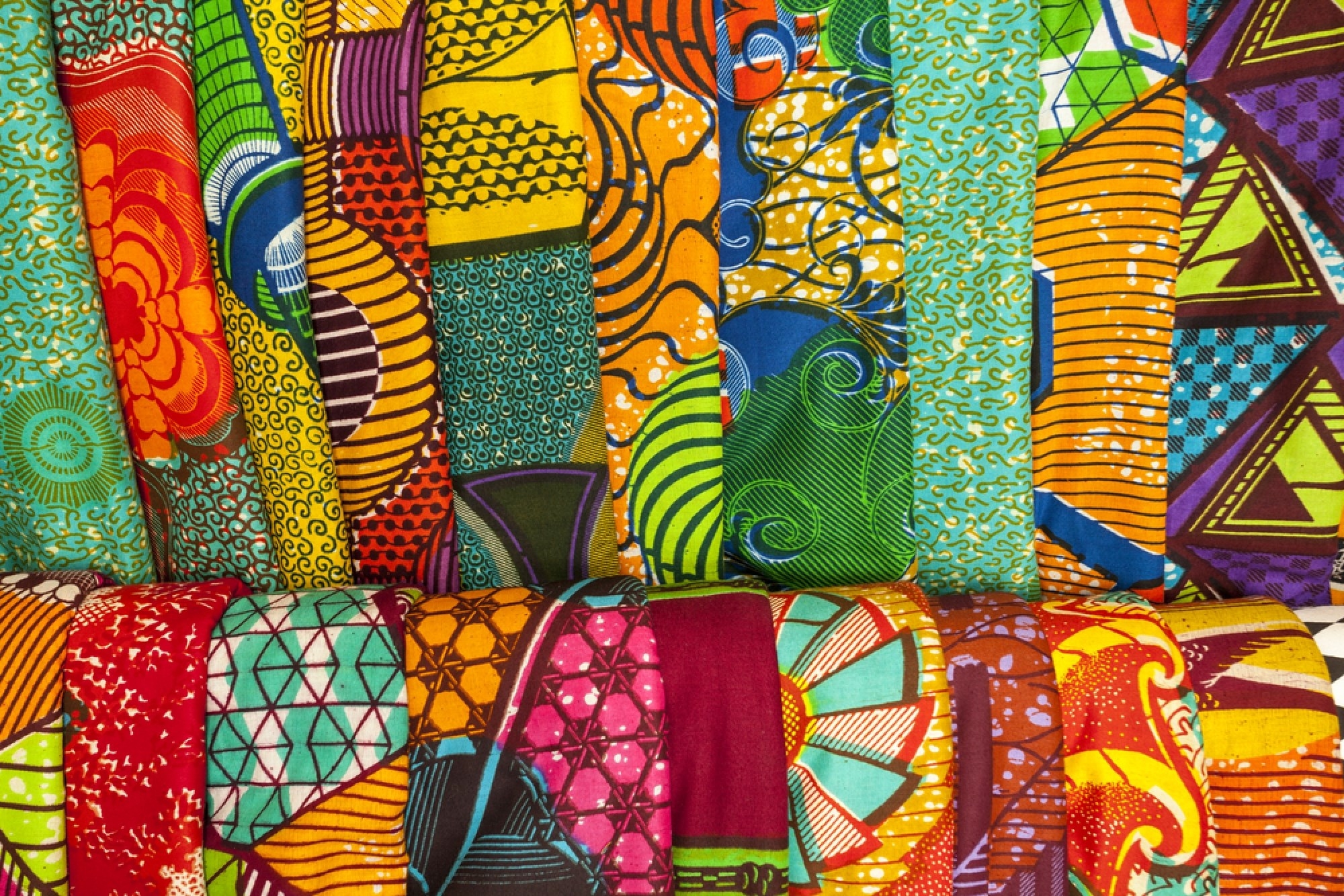 African traditional fabrics in a shop in Ghana, West Africa