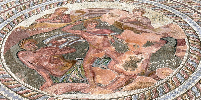 Mosaic image of the duel between Theseus and the Minotaur. House of Theseus. Paphos Archaeological Park