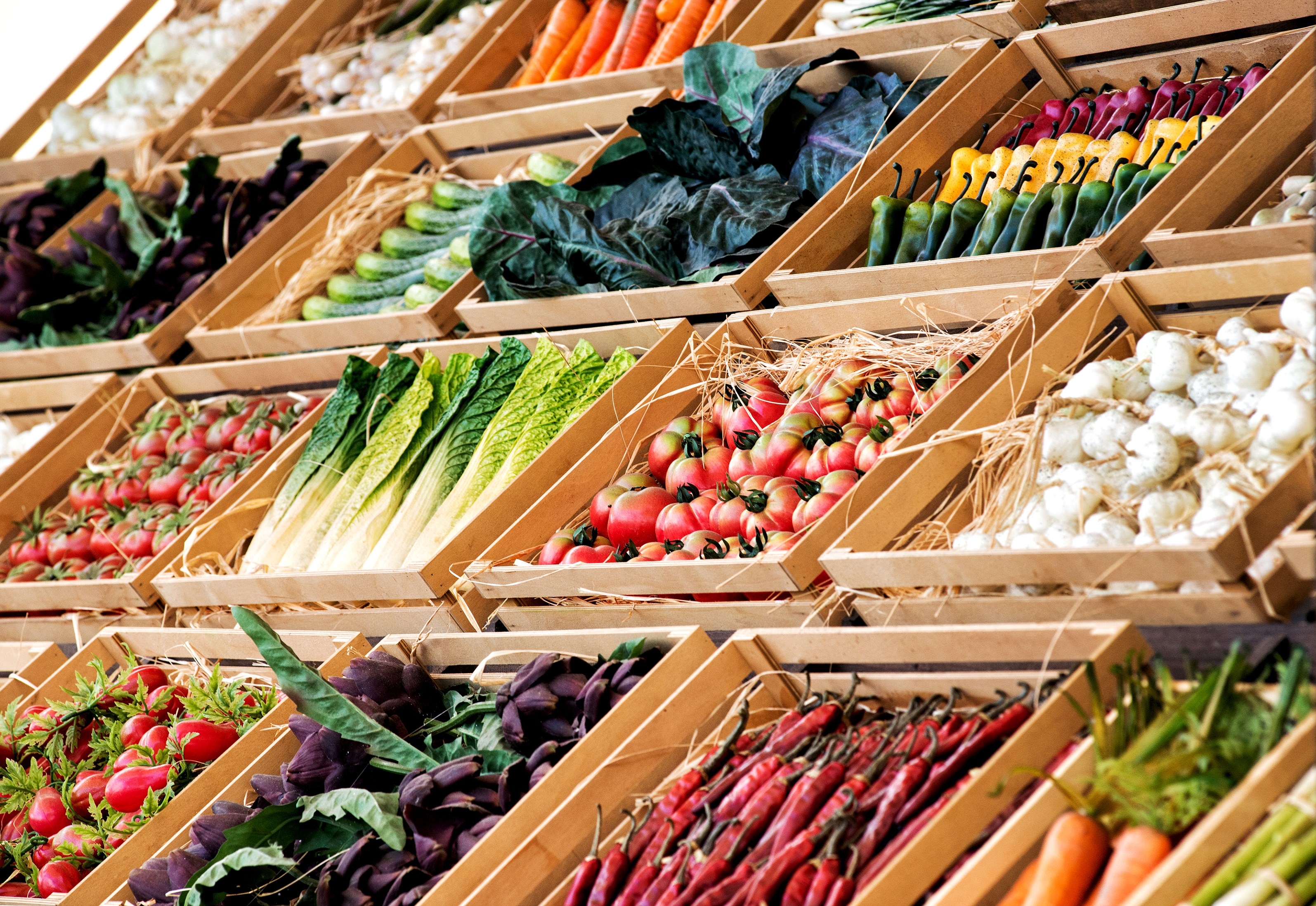 Display of assorted farm fresh vegetables on a market stall or in a store neatly arranged in rows in wooden boxes