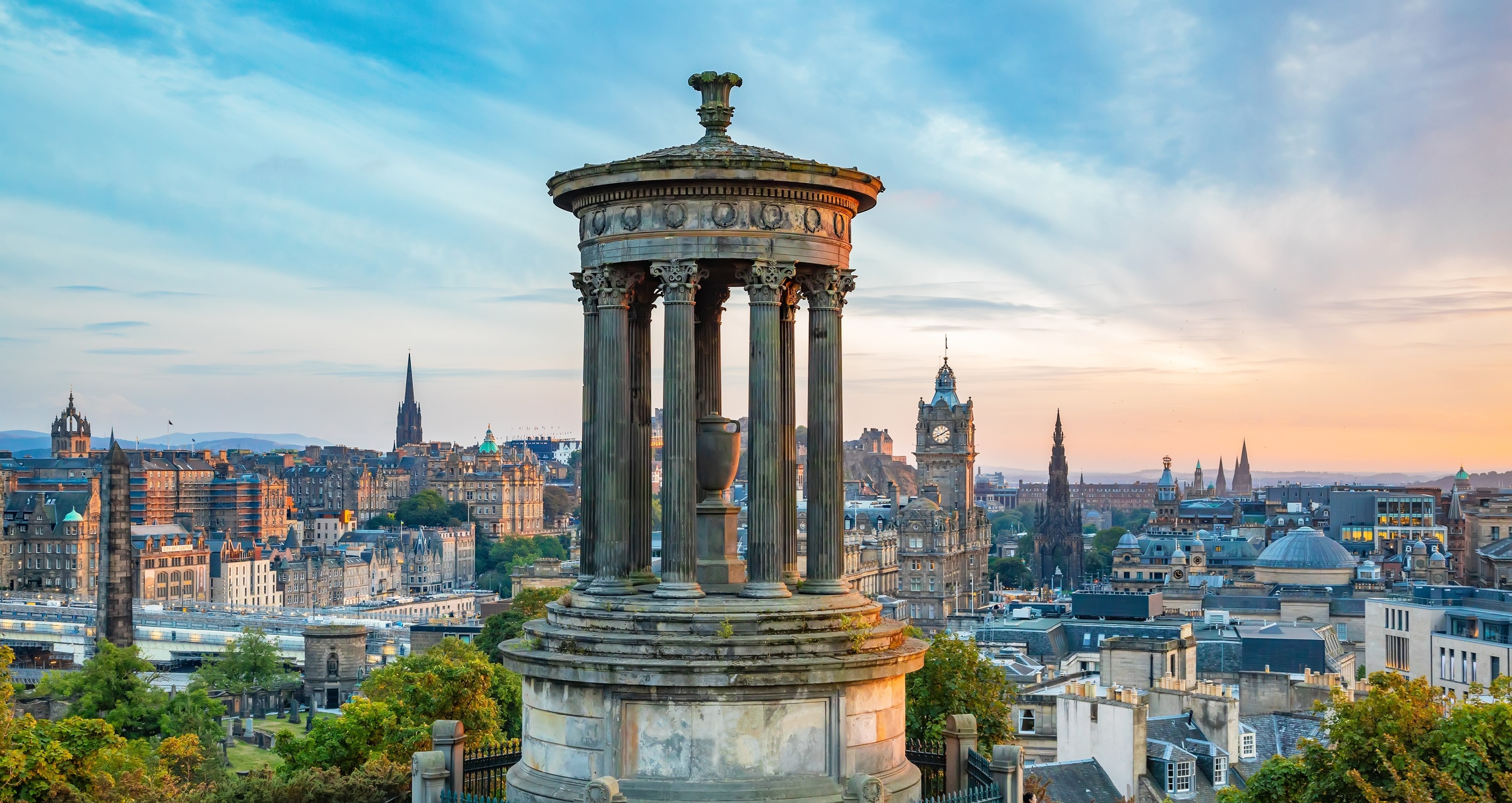 Edinburgh scenic skyline at sunset, panoramic view from Calton Hill