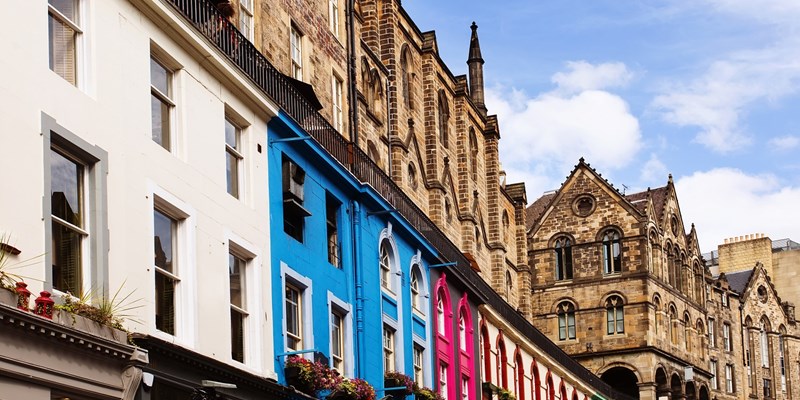 Colourful buildings in Victoria Street, Old Town Edinburgh, Scotland.