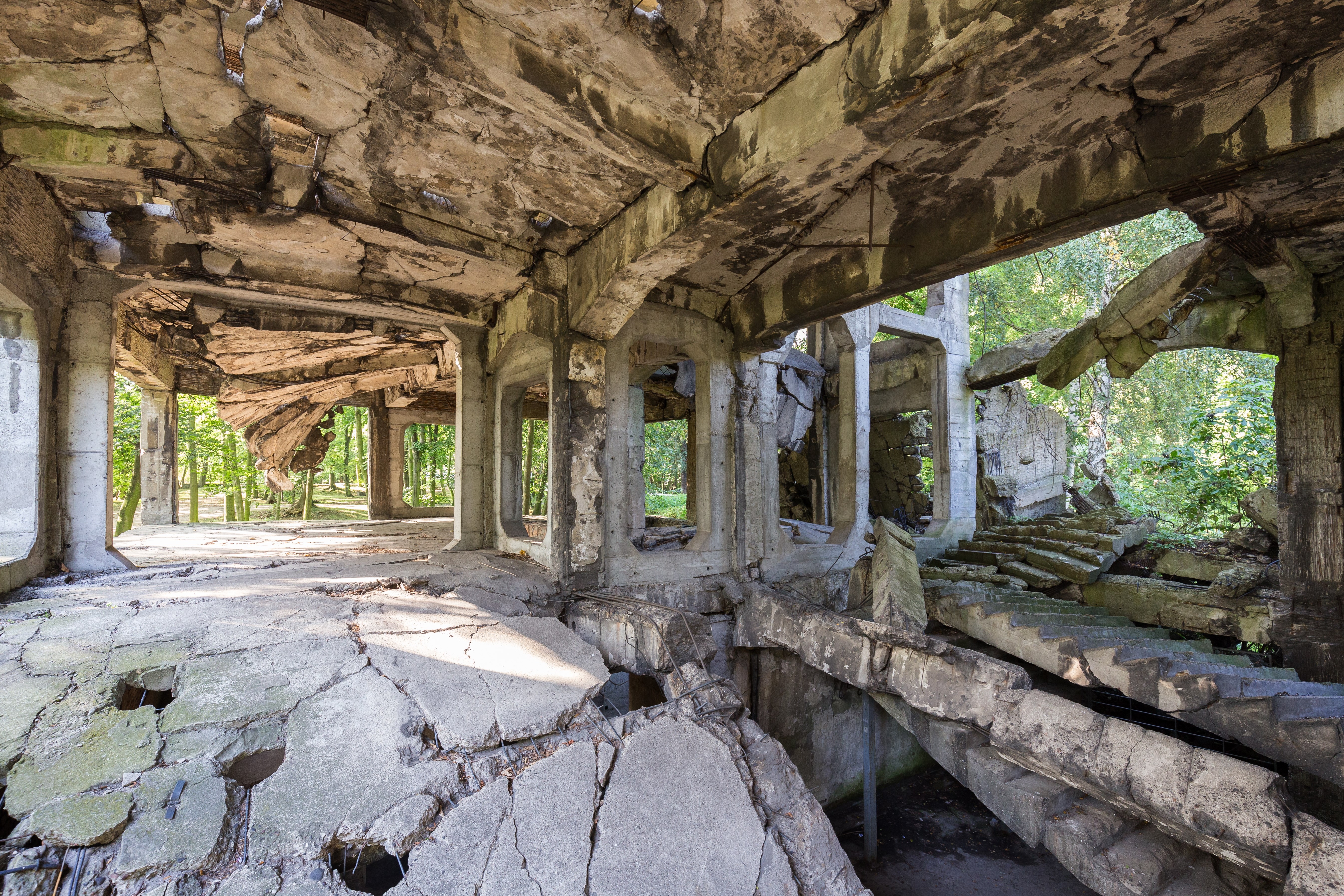 Inside the old destroyed military barracks ruins from the World War II at Westerplatte in Gdansk, Poland