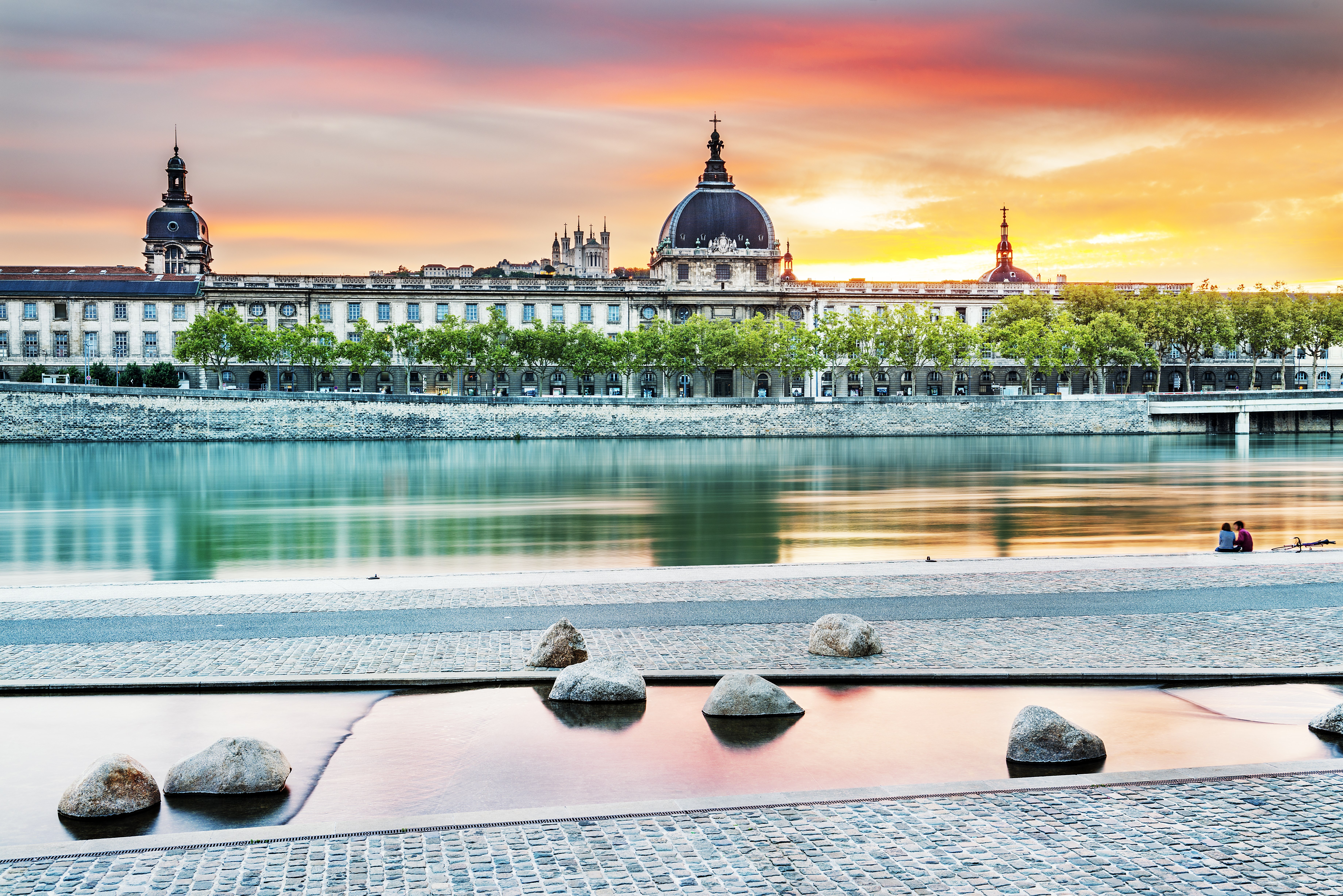 Night view from Rhone river in Lyon city