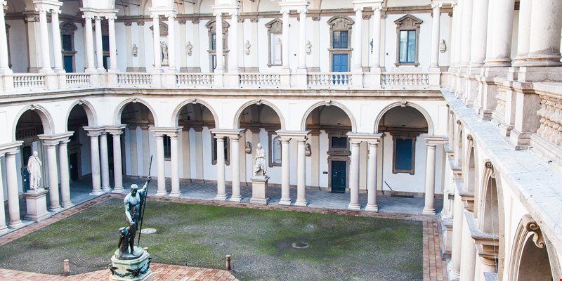 Aerial view of the rooftops of the Brera Pinacoteca and the domes of the Brera Astronomical Observatory
