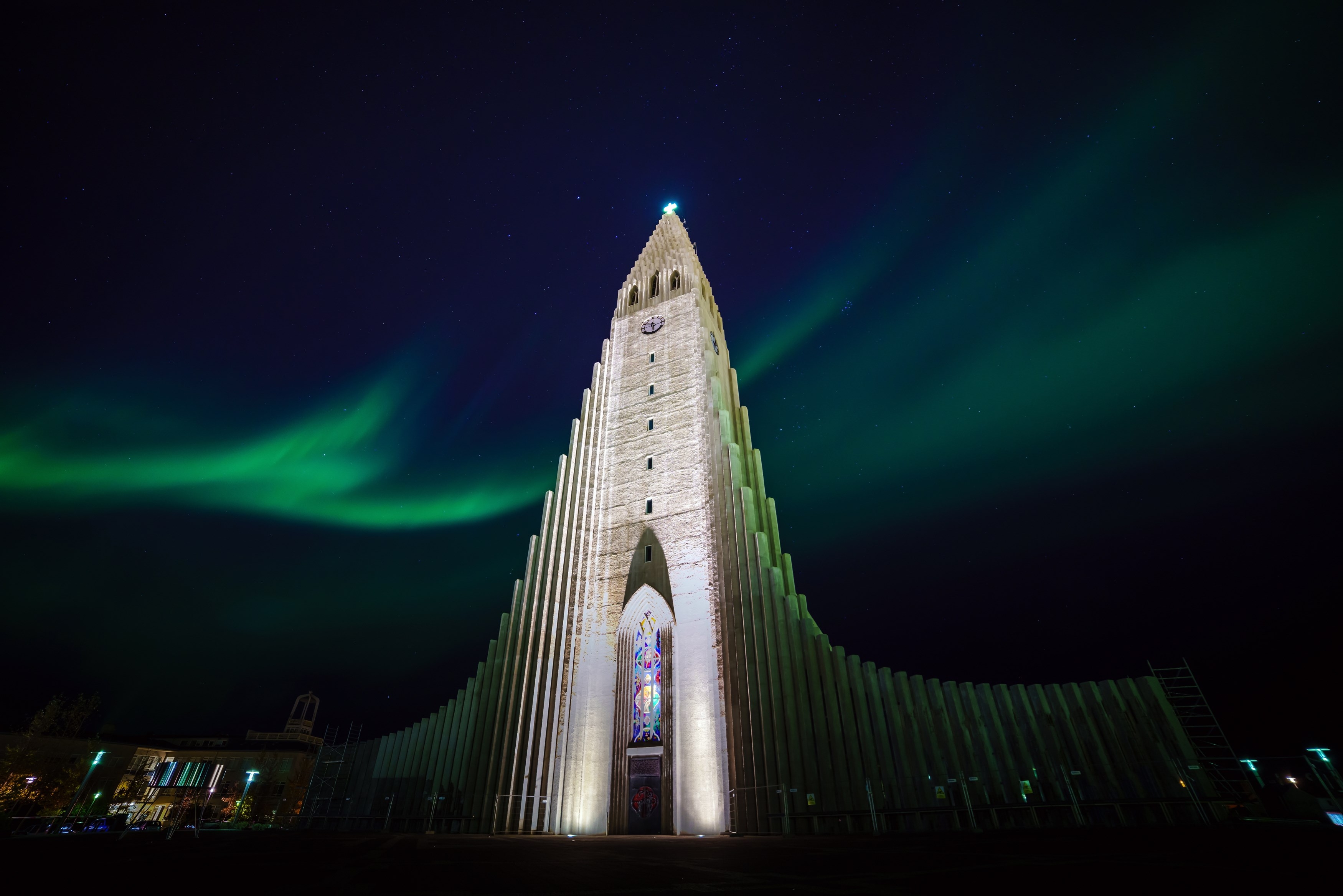 Reykjavik church under the northern lights